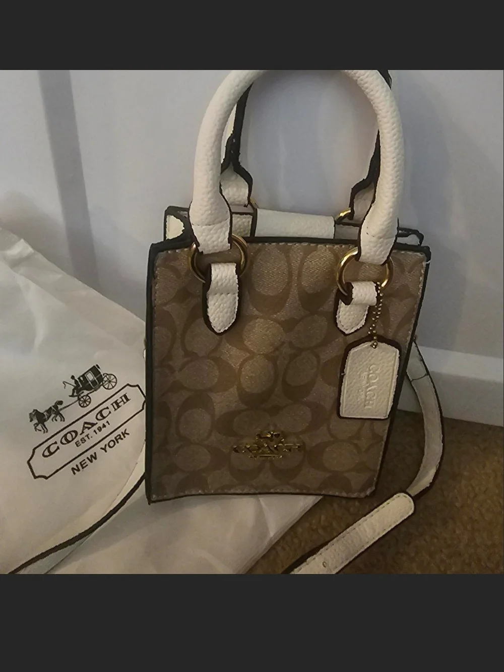 Coach Mini Signature Tote in Khaki with White Trim